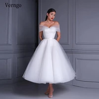 verngo simple satin a line wedding dress 2021 off the shoulder convertible style tea length bridal gowns for engagement party