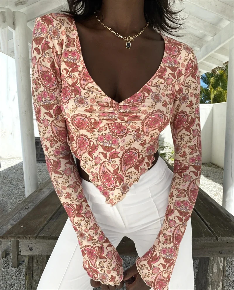 

CHRONSTYLE Women Shirts Solid Color/Flower Print Long Sleeve Backless Blouse Crop Tops Sexy Deep V Neck Slim Irregular Hem Shirt
