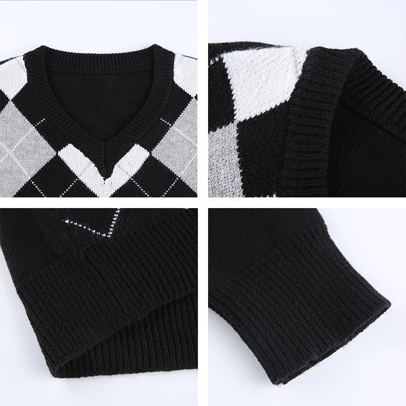 

England Style Knitted Sweaters Women 2020 Black 90s Plaid Knitwear V Neck Long Sleeve Autumn Winter Pullover Jumpers