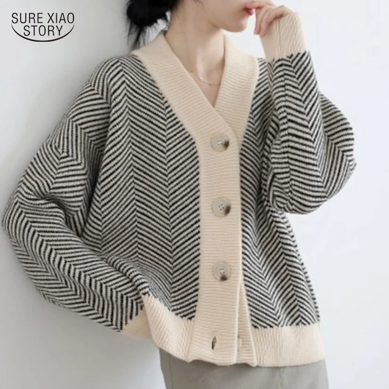 

Vintage V-neck Sweater Korean Casual Oversized Sweater Women Fashion Stripe Loose Coat Knitted Cardigan Female Pull Jacket 17315