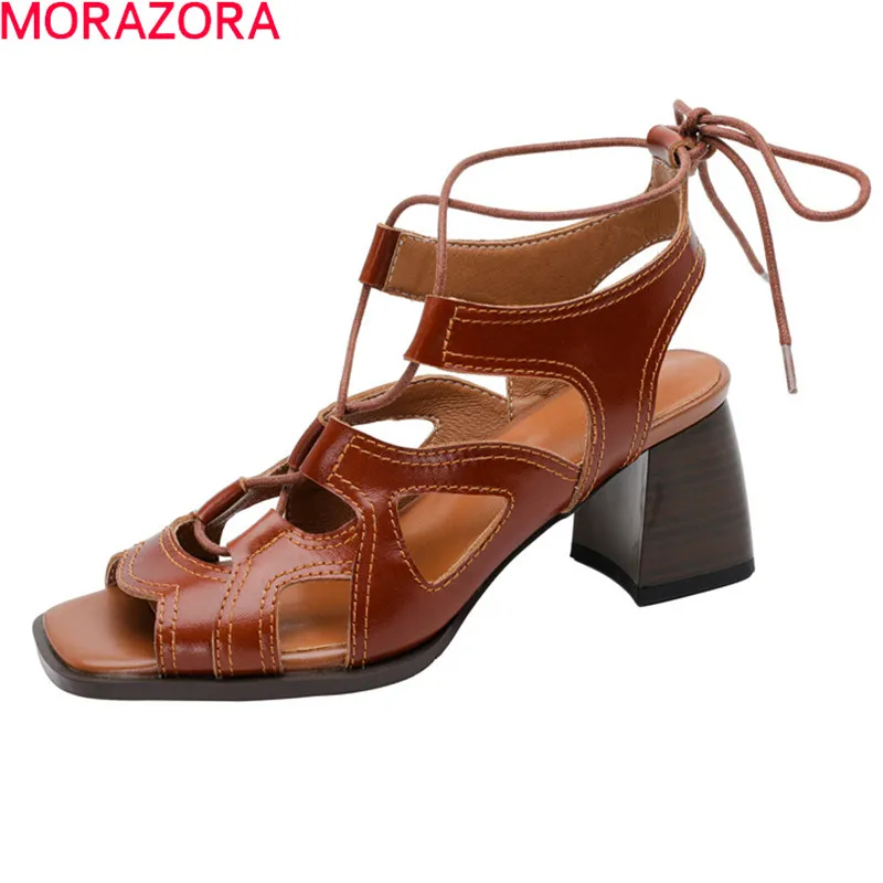 

MORAZORA New Hot Sale Women Sandals Fashion Square Toe High Heels Ladies Shoes Ankle Strap Solid Color Party Shoes Brown