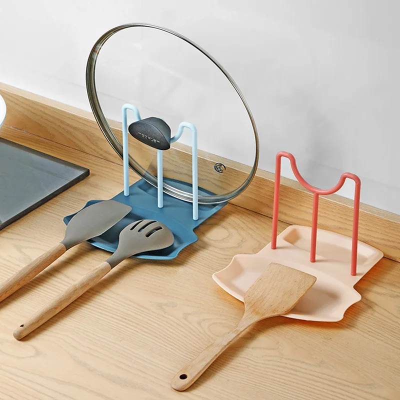

Kitchen Organizer Pot Lid Storage Rack Shelf Countertop Punch-free Spoons Pad Bracket Home Kitchen Shelves Accessories Tools