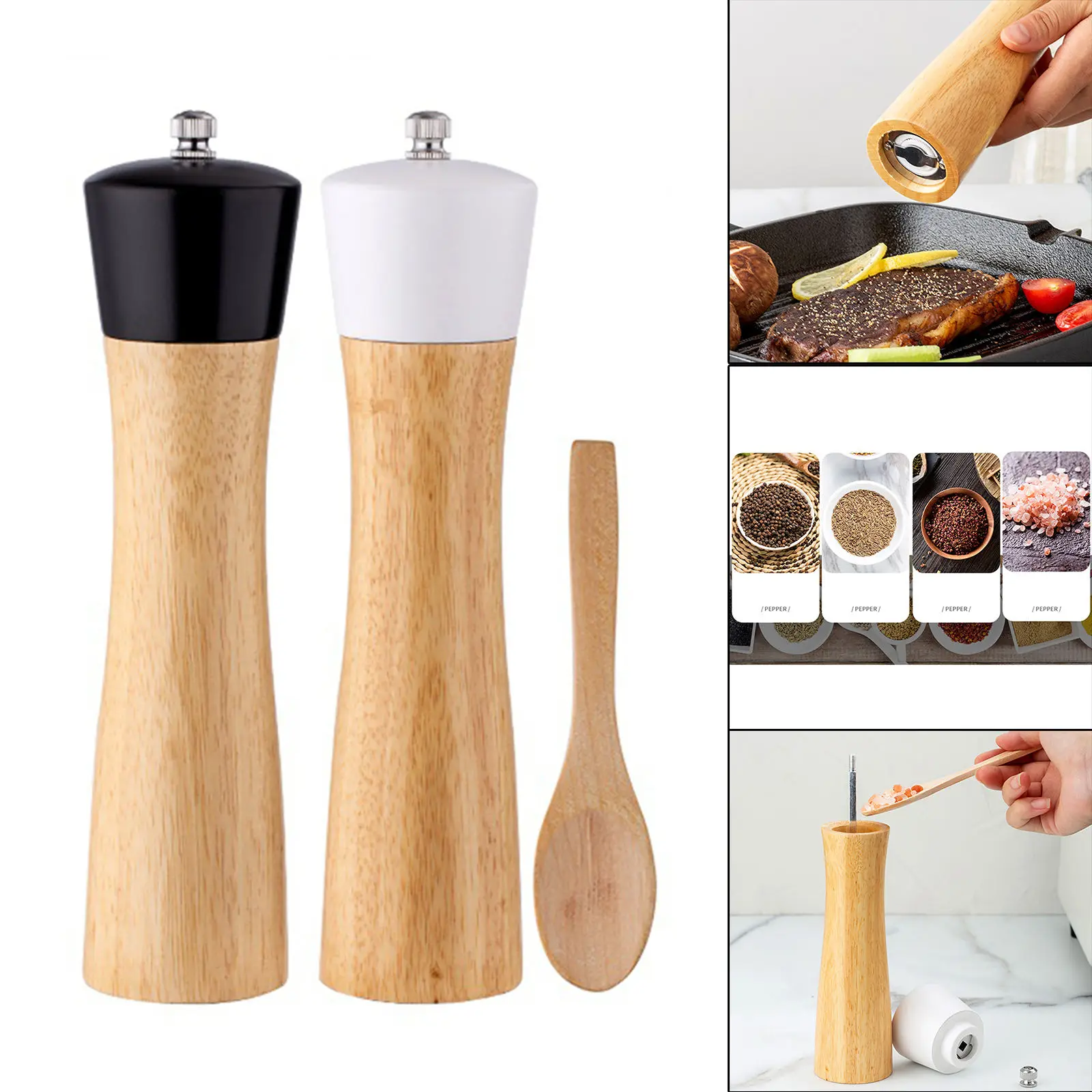 

Wood Salt And Pepper Grinder Set Adjustable Shaker Mill Kitchen with A Spoon