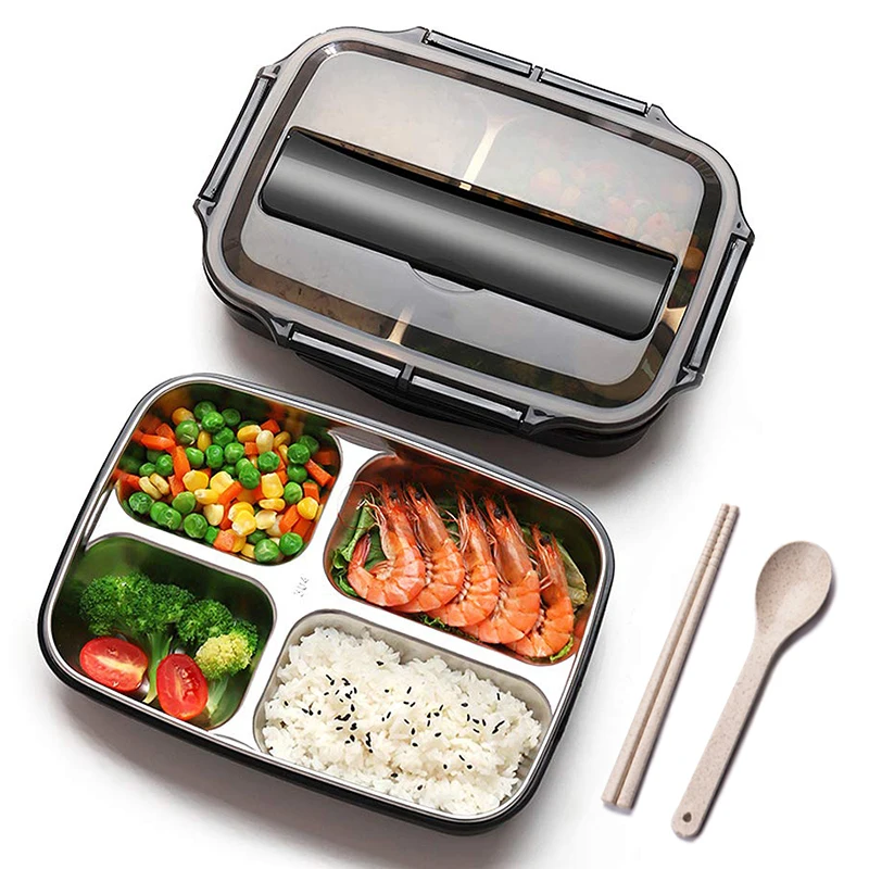 Ланч бокс с отделениями Портативный из нержавеющей стали для детей ложкой и