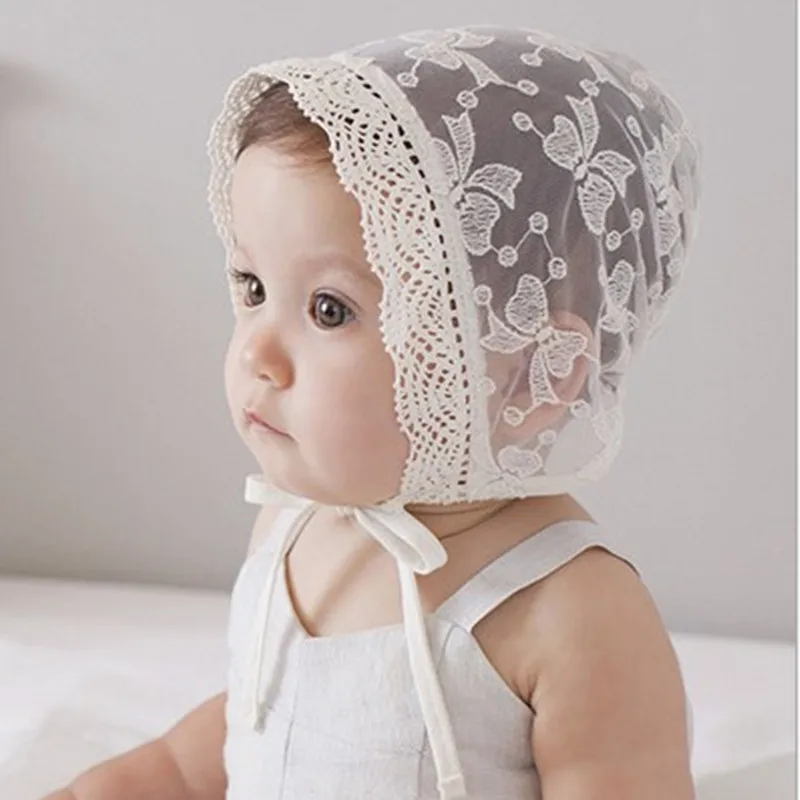 

0-12 Months Princess Style Baby Girl Hats Children Girls Lace Cotton Hat Caps Baby Photo Props Hats for Birthday Party Beige