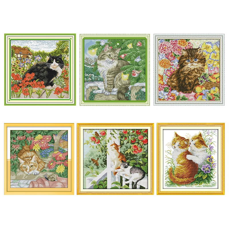 

The Cat and Flower Cross Stitch Kits Stamped Patterns Counted 11CT 14CT Printed Handmade Needlework Embroidery Decor Arts Sewing