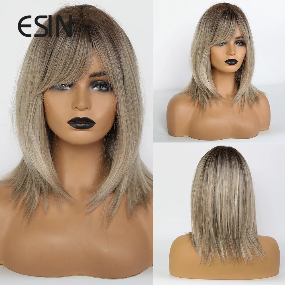 ESIN серый золотой средней длины прямой парик с челкой INS косплей натуральные