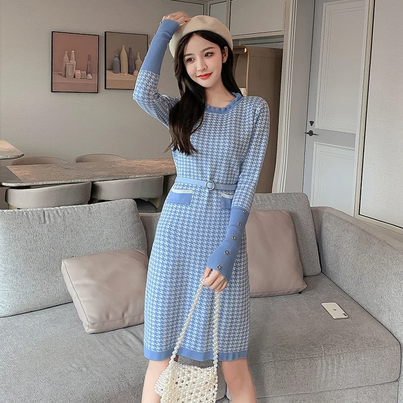 

Winter Knitted Houndstooth Dress Women Slim Waist Sweater Dress Long Sleeve Knee Length Dress Autumn Female Robe With Belt