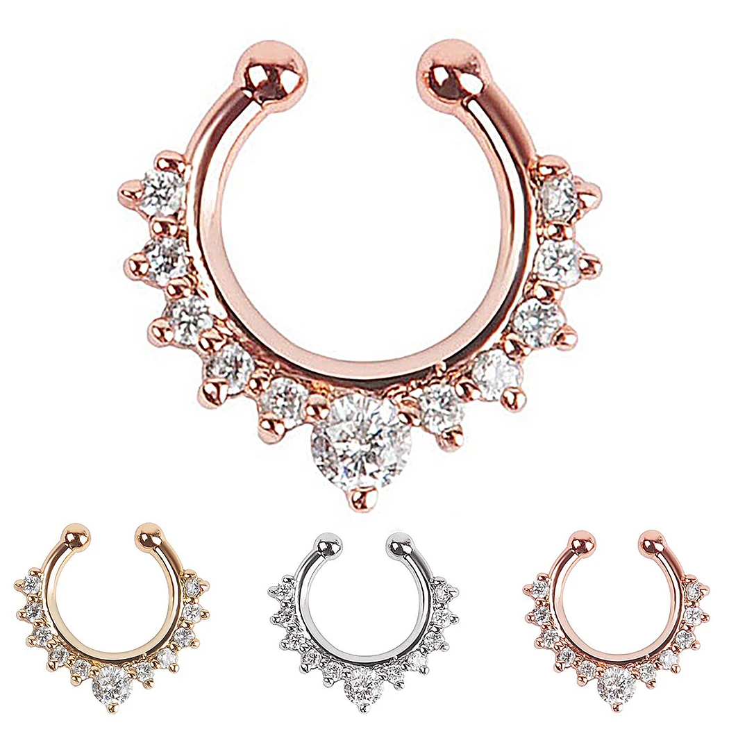 Кольцо для носа с кристаллами золотого и серебряного цвета круглая перегородка