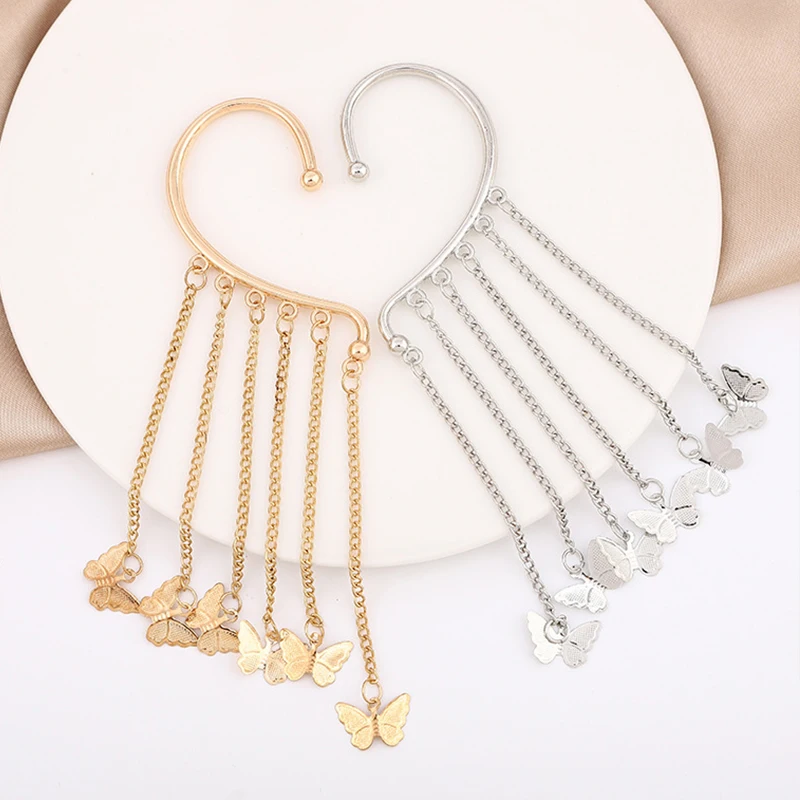 

Fashion Love Clip On Earring Ear Cuff For Women Clip Jewelry Gifts Long Tassels Butterfly Pendant Charm Hollow Hanging Earrings