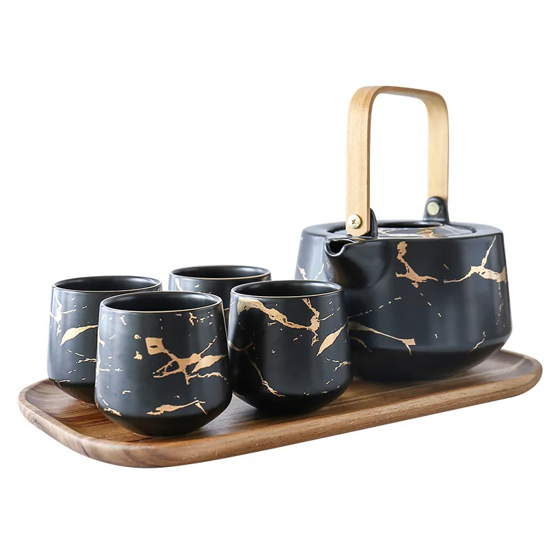 

Japanese-style black and white ceramic household tea set marmoring afternoon tea with mangium teapot acacia stand base