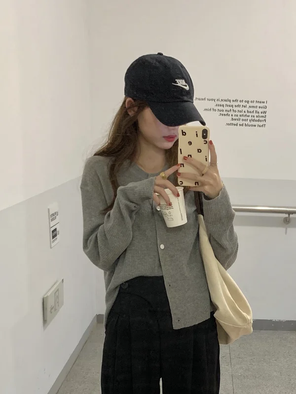 Rose Pink cardigan Pit Stripe Knitted Cardigan Korean Loose Thin Round Neck Short Coat Long Sleeve Top |