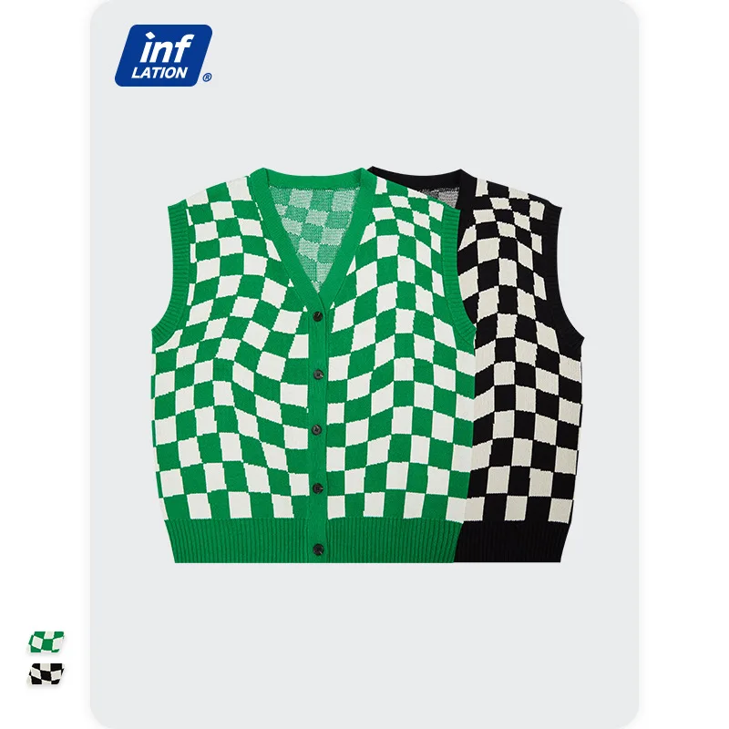 

2021 Autumn New Product White And Green Checkerboard V-neck Knitted Cardigan Couples Loose Vest Sweater Casual Couple Outfit