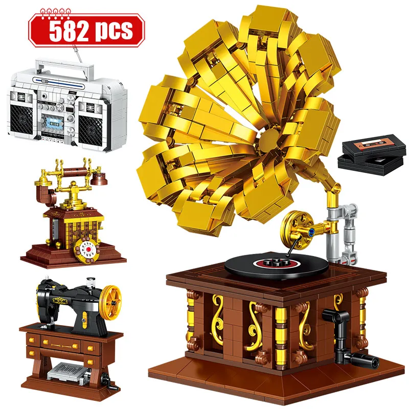 

Городской Ретро Ностальгический телефонный фонограф мини-модель строительные блоки для друзей швейная машина кирпичи обучающие игрушки д...