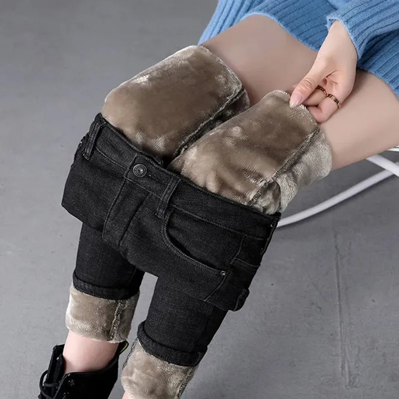 

Winter Thick Plus Velvet Women High Waist Skinny Jeans Simple Fleece Warm Slim Fit Stretch Ladies Casual Denim Pencil Pants 2021