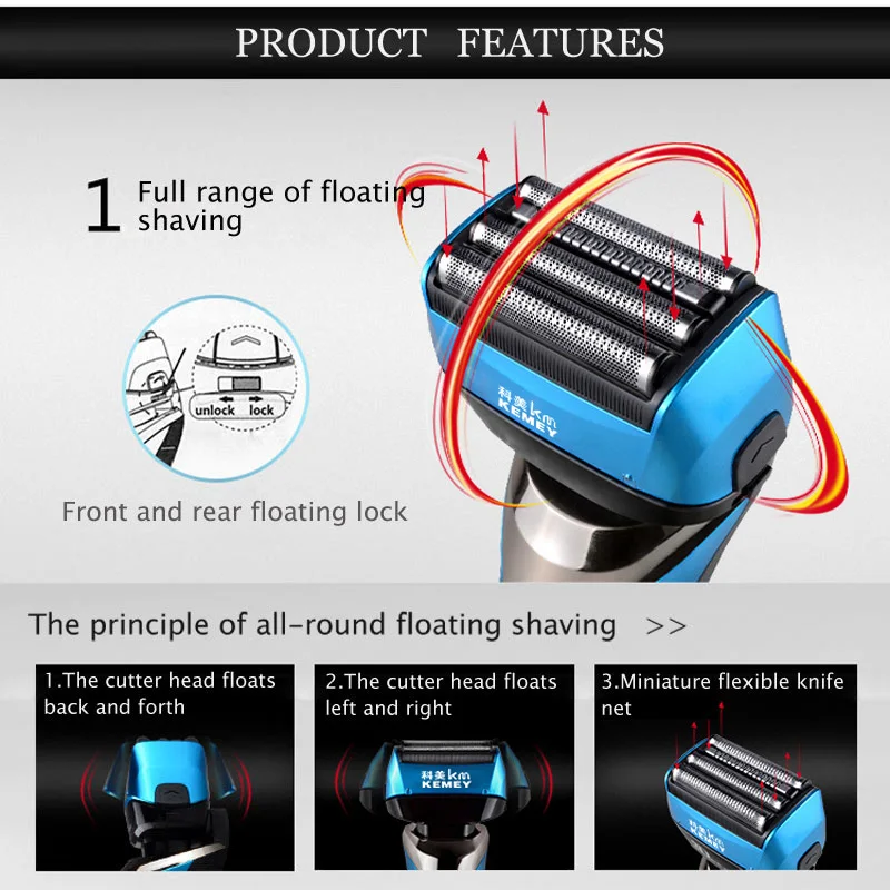 Kemei Reciprocating Electric Shaver 3D Floating Four Blade Rechargeable Men Bread Shaving Machine Waterproof Razors 40D | Бытовая