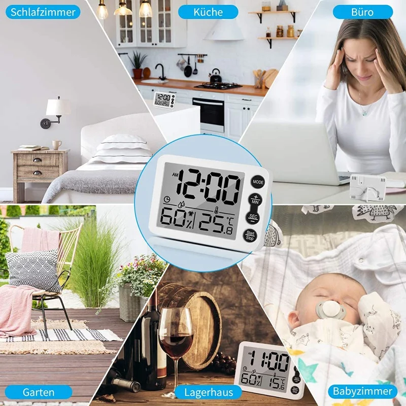 

2-Piece Set Consisting Of Thermometer and Hygrometer with LCD Display, Room Thermometer, Alarm Clock, Baby Room