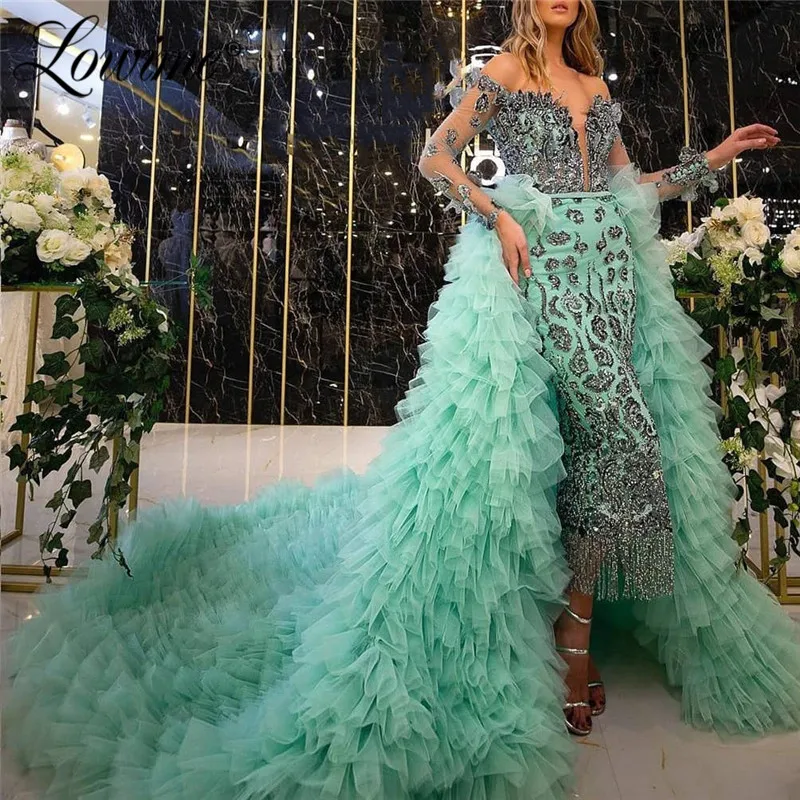 Мятно Зеленые платья знаменитостей Съемная юбка с бисером бахромой вечернее