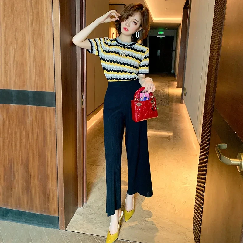 

Summer New Ice Silk Wavy Striped Knit Short-sleeved Suits 2021 Fashion High-waist Vertical Striped Temperament Wide-leg Pants