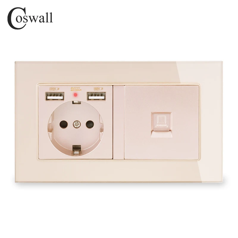 Настенная розетка стандарта ЕС COSWALL Россия Испания 2 порта USB для зарядки со