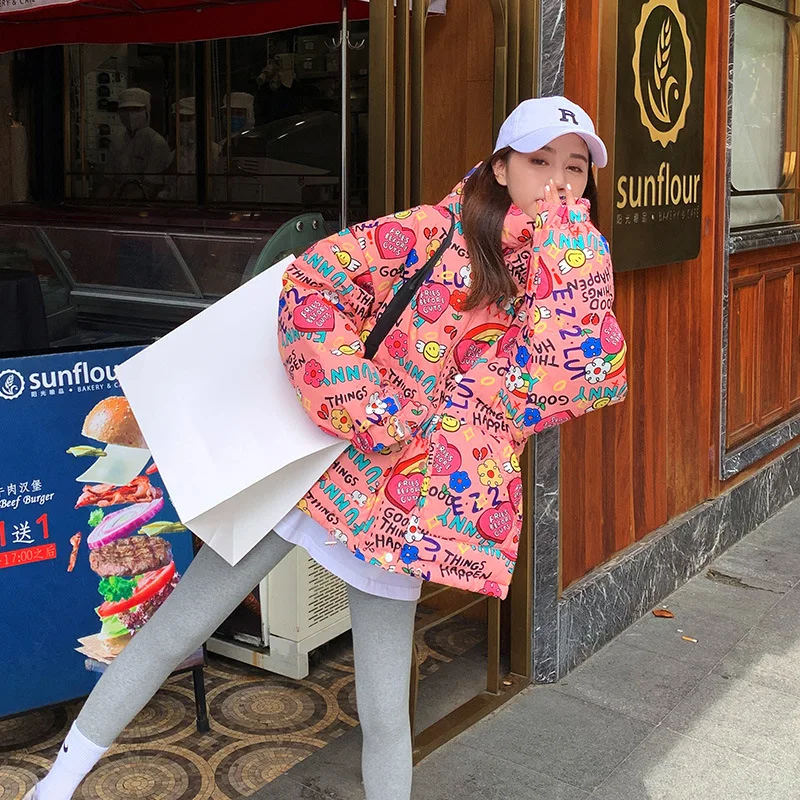 Women Coats and Jackets Winter Graffiti Female New 2021 Thicken Short Ladies Cotton Clothes