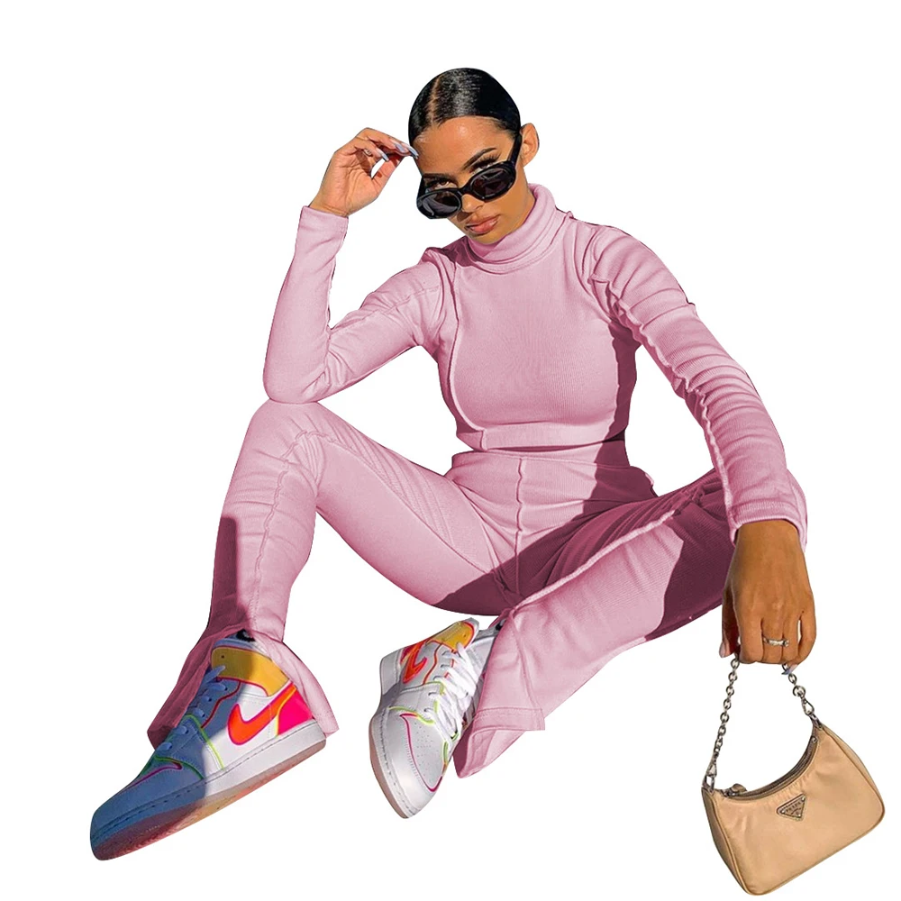

Solid Sportswear Outfits Autumn Winter Clothes for Women Turtleneck Long Sleeve Ribbed Crop Top and Split Hem Stacked Pant Suits