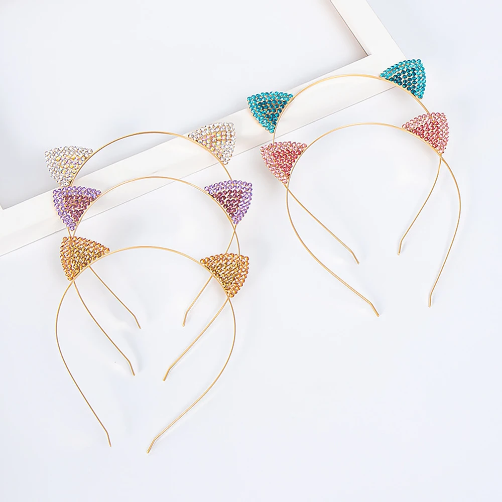 Цветная повязка на голову с кошачьими ушками бриллиантами Стразы мультяшным