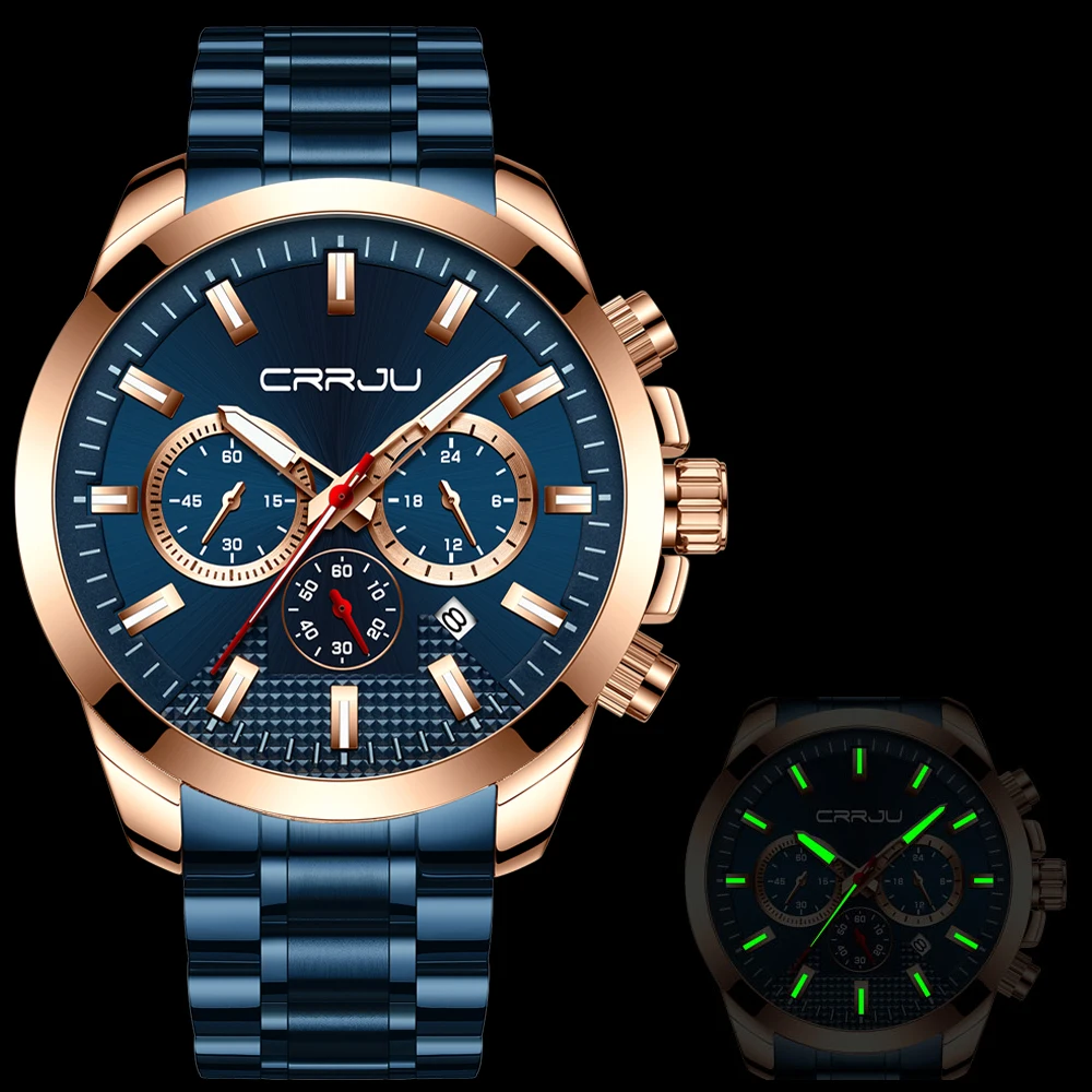 Мужские кварцевые часы CRRJU с ремешком из нержавеющей стали большие спортивные |
