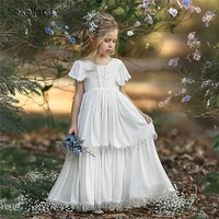bohemia flower girl dresses for beach wedding pageant gowns with short sleeves floor length boho kids first holy communion dress