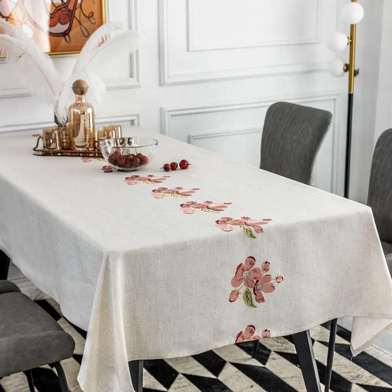

Embroidery Small Fresh Pink Peach Blossom Decoration Linen Tablecloth Rectangular Wedding Dining Table Coffee Table Tablecloth