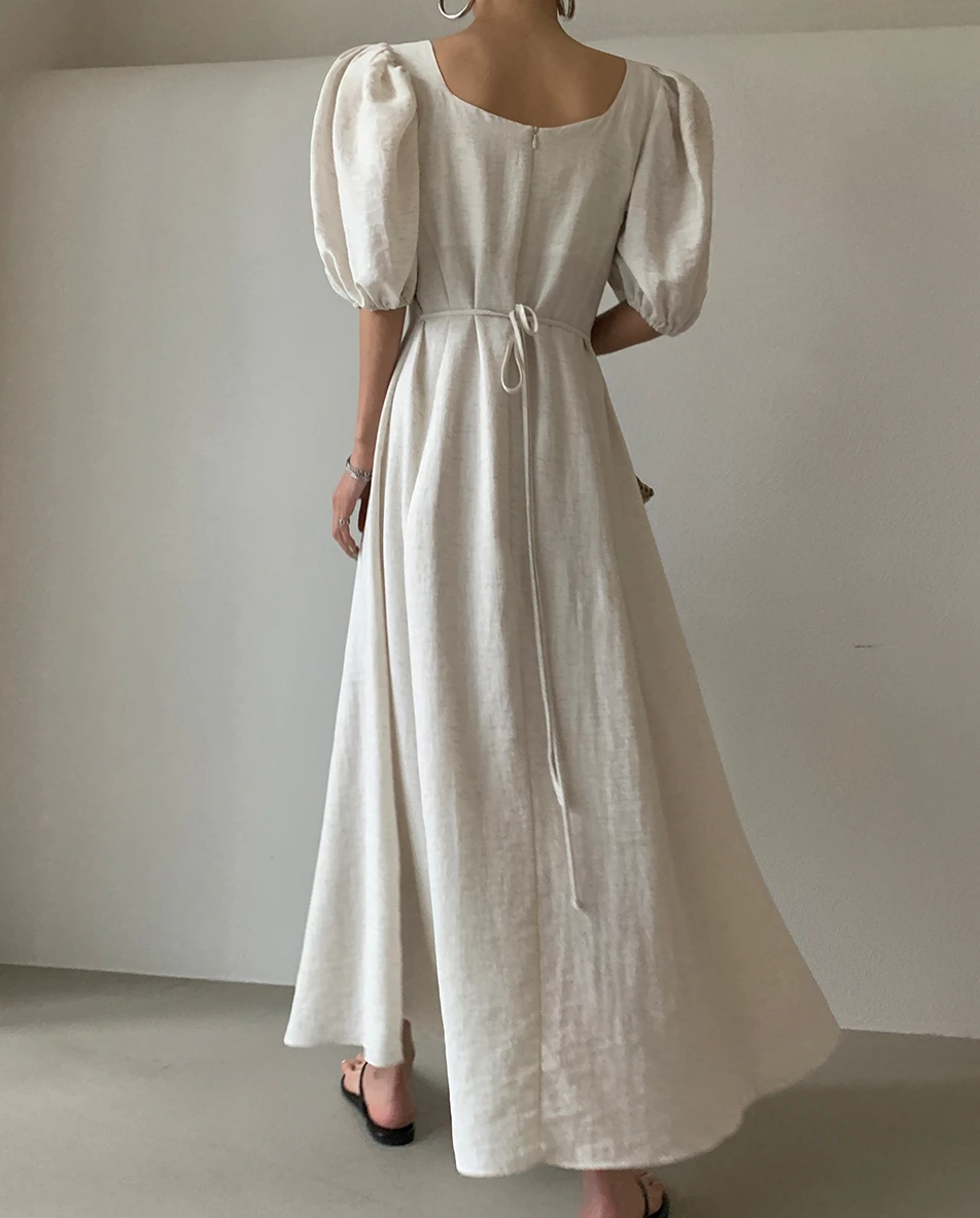 

Korean Summer Women Fashion Chic Solid High Waist Party Dress Vintage Puff Sleeve Sexy Square Collar A-line Ol Maxi Dress