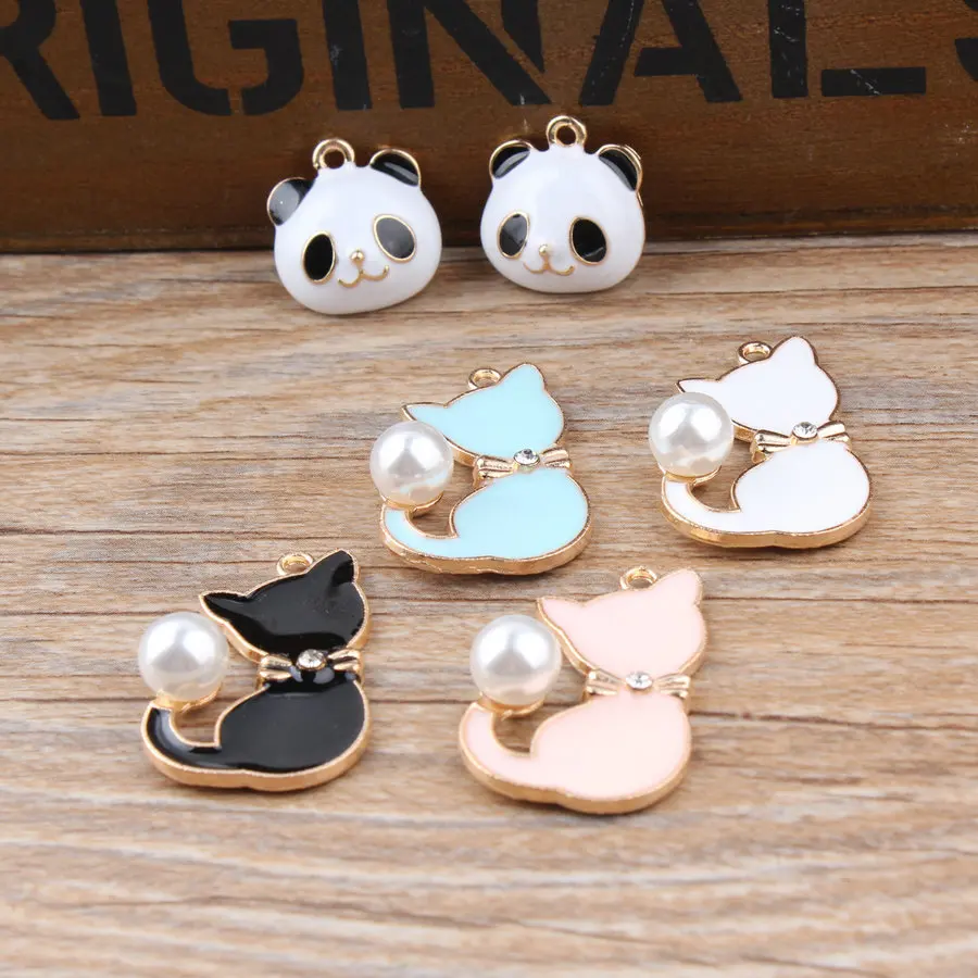 10pcs/Set Simple Drop Oil Alloy Pendant DIY Handmade Panda Pearl Kitten Bracelet Accessories Charms for Jewelry Making | Украшения и
