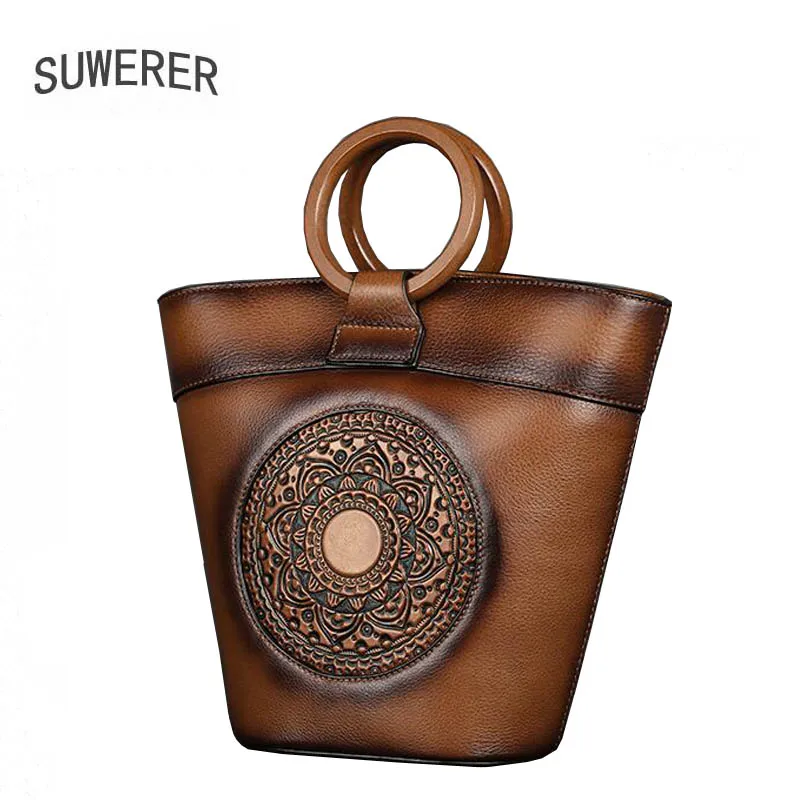 

SUWERER 2020 New real cowhide bag Luxury handbags fashion women famous brand leather bags tote Embossed bag