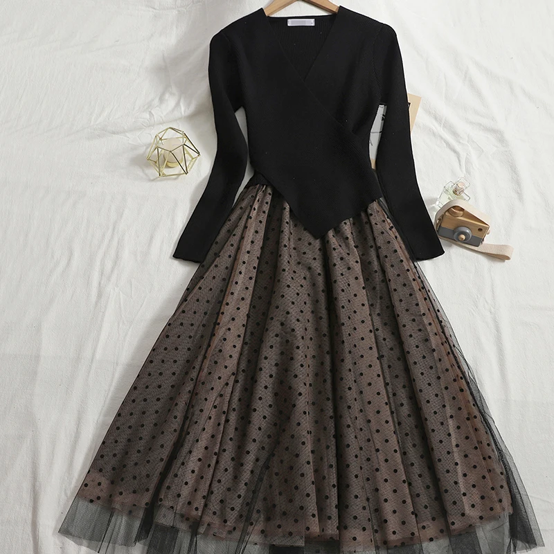 

Женское трикотажное платье средней длины, элегантное Сетчатое платье составного кроя с длинным рукавом, повседневное и праздвечерние чное ...