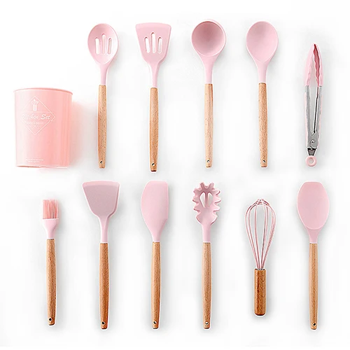Pink 12pcs 9 или 12 шт розовый набор инструментов для приготовления пищи Премиум силиконовый набор кухонной посуды с ящиком для хранения Тернер щипцы лопатка суповая ложка - Цвет: Pink 12pcs