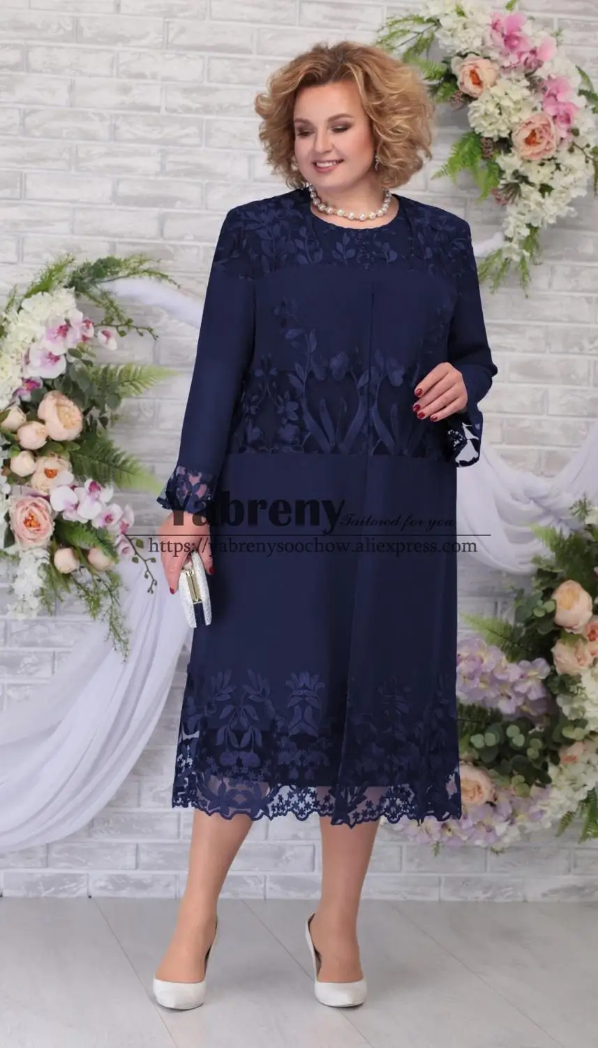 

Новое поступление элегантное платье для матери невесты с курткой чайный наряд Темно-синий