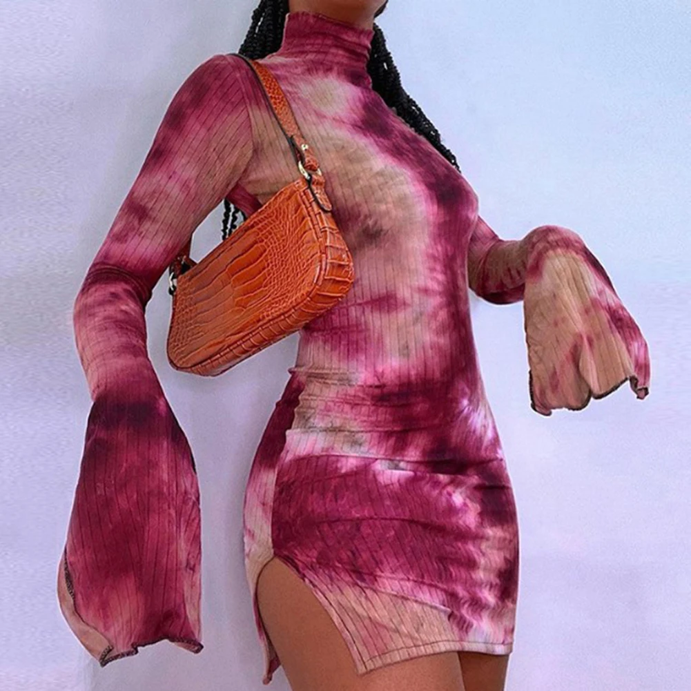 

YiYiMiYu Tie Dye Mock Neck Bodycon Kleider Für Frauen Side Split Rippen Langarm Clubwear Mitternacht Outfit Party Mini Kleid