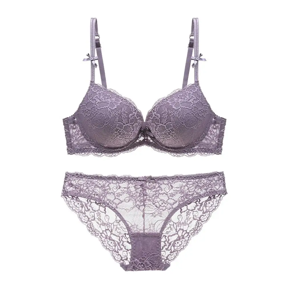 

Sexy cute lace bow thick padded gather push up underwear set ladies back buckle bra with comfortable briefs purple khaki black
