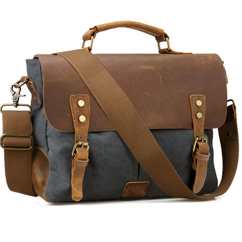 

Vintage Leather + Canvas men briefcase Business bag Portfolio men office bag male canvas briefcase attache case document tote