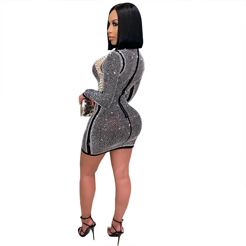 

See Through Pearls Crystal Women Dress 2021 Sexy Fall Style Patchwork Winter Long Sleeve Slim Sequins Party Short Pencil Dresses
