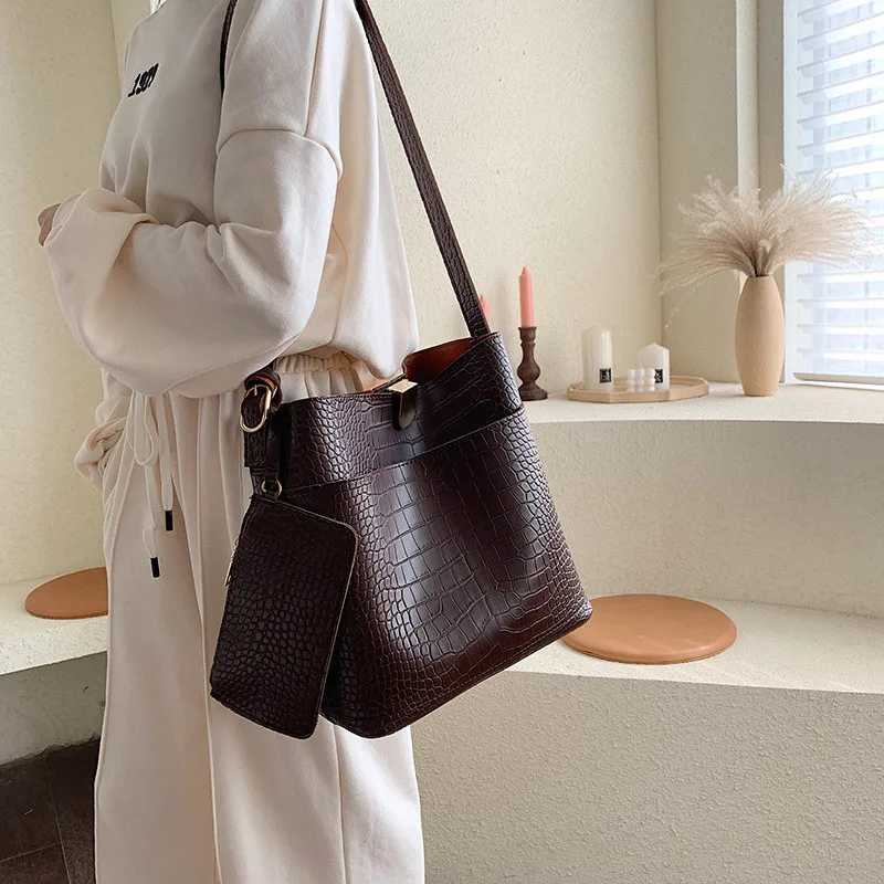 

Vintage Alligator Bucket Shoulder bag women purses and handbags PU Leather Composite Bags Fashion Crocodile Women's Totes 2Pcs