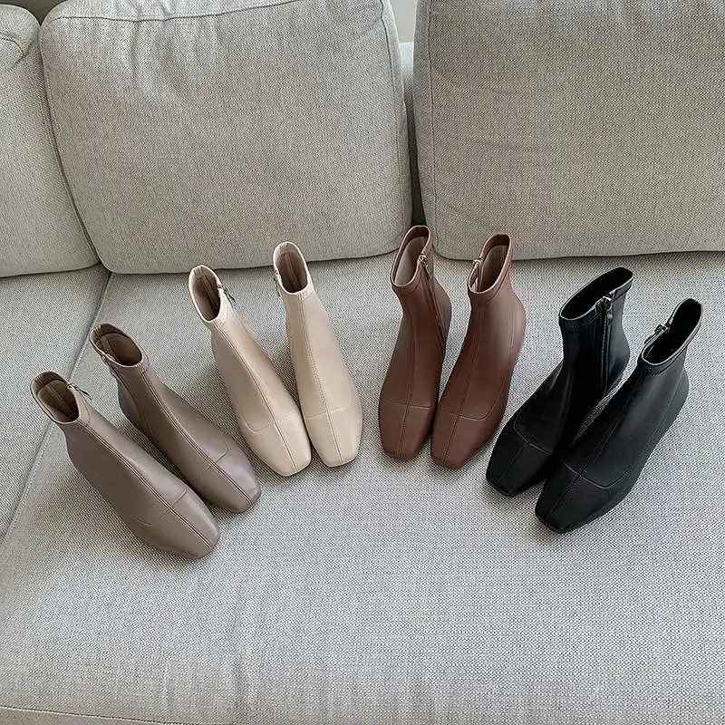 Goede Lenkisen Fashion Europese Stretch Lederen Vierkante Neus Lage Hakken Dagelijkse Slijtage Effen Rits Winter Warm Houden Vrouwen Enkellaarsjes L16