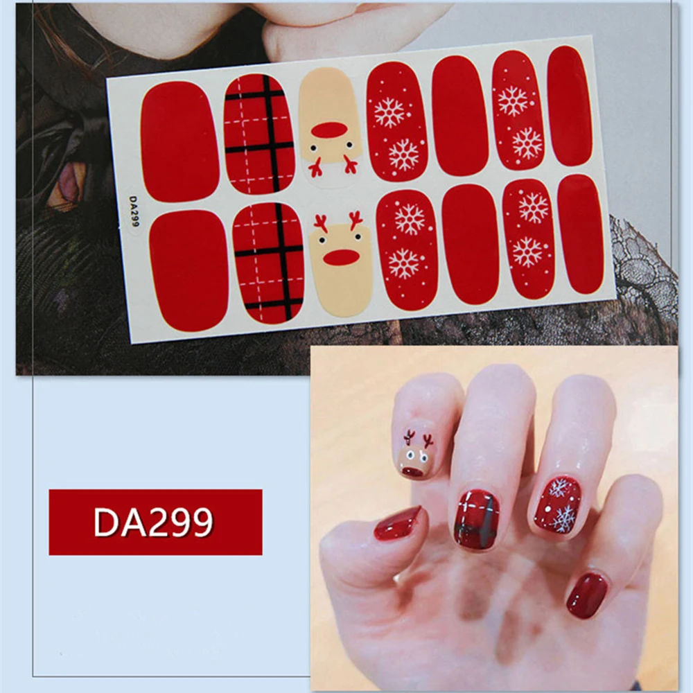 14 типсов рождественские наклейки для ногтей лось Санта Снежинка 3D клей слайдер