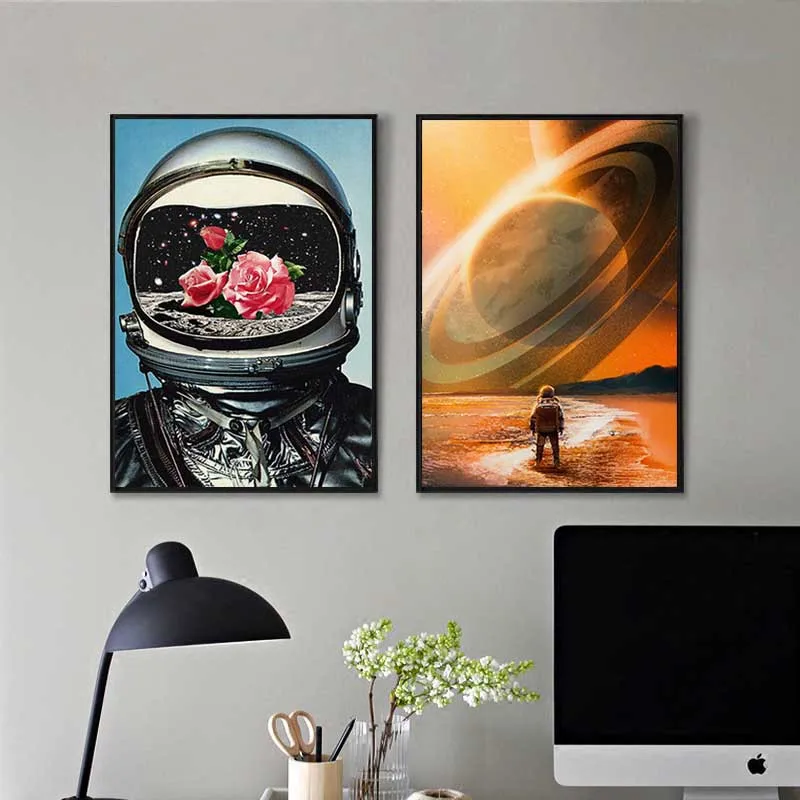 

Space Rose Astronaut Home Decor Wall Art Canvas Painting Walk on The Moon Universe Eploration Poster and Print for Living Room