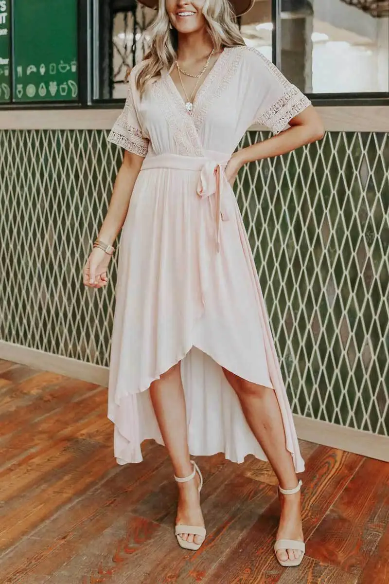 

Irregular Dresses For Women Lace Short Sleeve O-Neck Dresses Solid Long Dresses Loose Dress vestidos mujer verano 2021