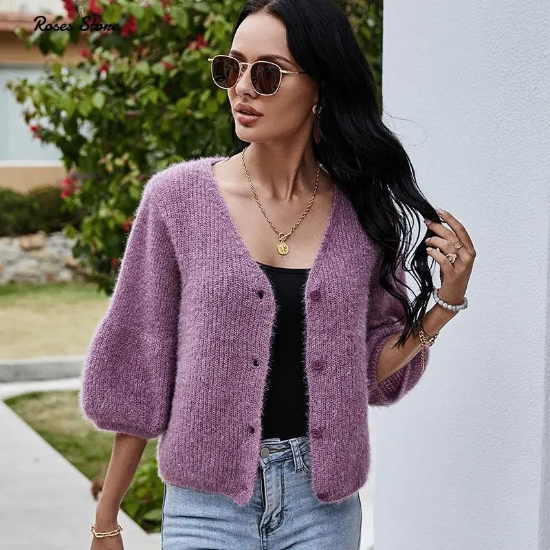 

3/4 Lantern Sleeve Cardigan Elegant Knit Cropped Sweater Lightweight Button Down Short Coat Spring Autumn Clothes for Women Fall