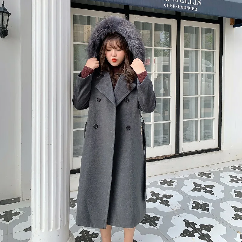 Real fur collar Женское шерстяное пальто с поясом размера плюс, новинка, Женское пальто, зима-осень, Тренч с меховым воротником, женская верхняя одежда, 5XL - Цвет: Real fur collar