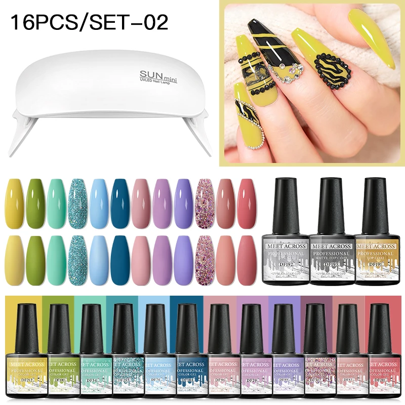 

MEET ACROSS 20pcs Color Gel Nail Polish Set 8ML Semi Permanent Glitter Gel WIth Base Top Coat Varnish Soak Off UV LED Lamp Set