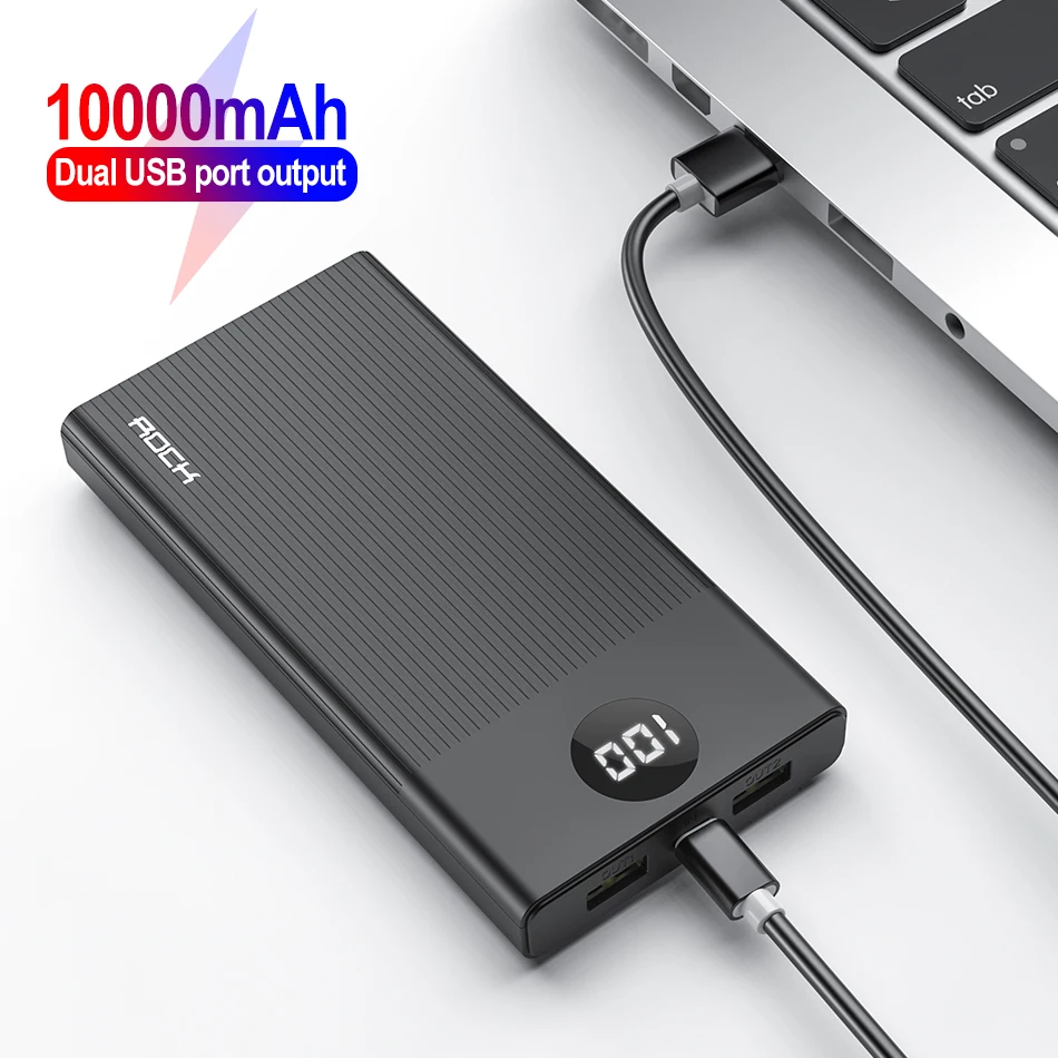 Портативное зарядное устройство Rock 2 USB порта 10000 мАч светодиодный дисплей