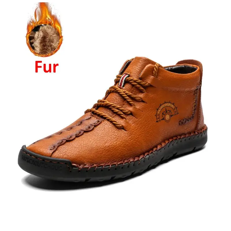 BROWN Fur UEXIA/Новые мужские ботинки; зимние теплые ботинки на меху; Мужская обувь; модные мужские зимние кожаные ботильоны; размеры 38-48 - Цвет: BROWN Fur
